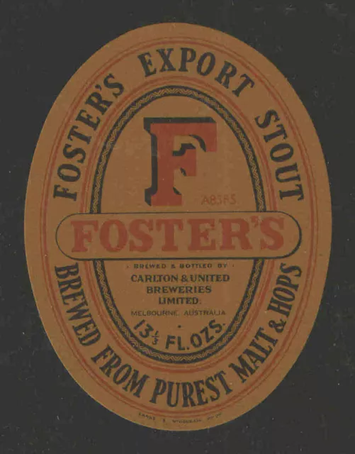 Fosters Export Stout Beer Bottle Label 13 1/3 Oz - Australia - Unused