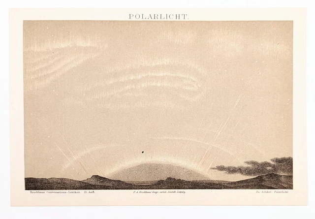 RARE 1887 Aurora Borealis Lithograph Northern Lights Brockhaus Lexikon ORIGINAL