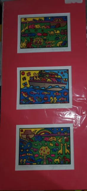 Three Holly Sue Foss NOAHS ARK Matted Art Serigraph Signed Pieces - 26" x 12"