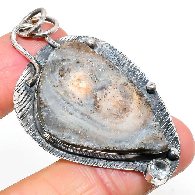 Desert Rose Druzy, Topaz Ethnic 925 Sterling Silver Jewelry Pendant 2.48" R675