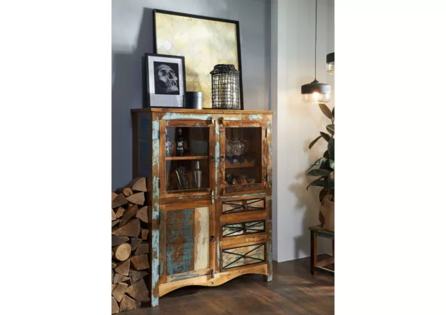 indisches Altholz Weinregal ausgefallene Vitrine Schrank bunt Highboard massiv