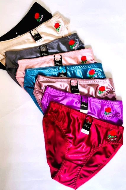 6-Pack Satin Shine Love Rose Bikini Panties - Cheeky Shiny Underwear, Assorted