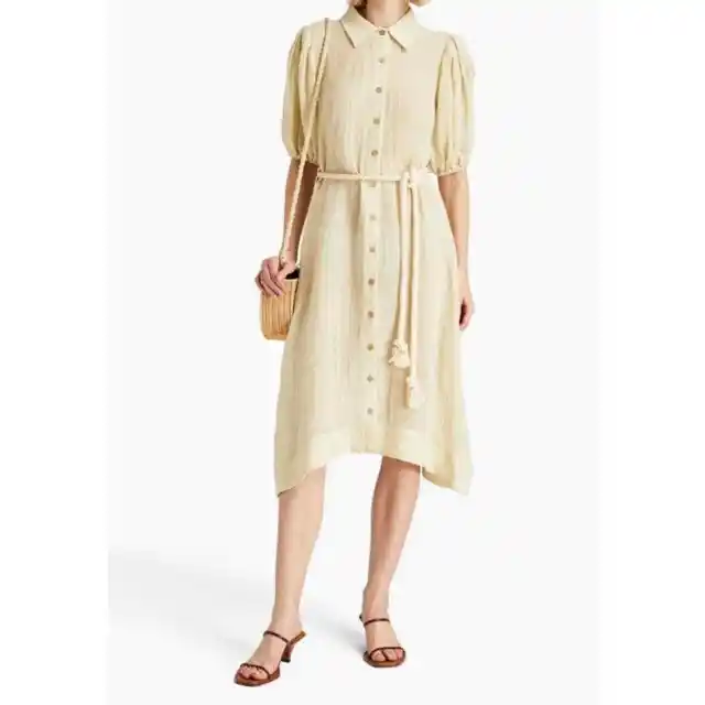 Lisa Marie Fernandez Pouf Sleeve Linen Gauze MIDI Button Up Dress Cream Sz 4-6