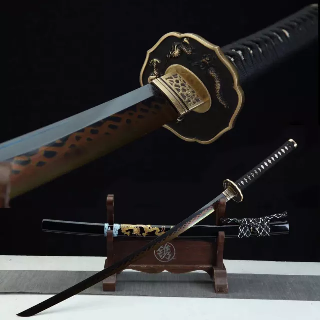 Dragon Clay Tempered T10 Steel Japanese Samurai Sword Katana Black Gold Blade