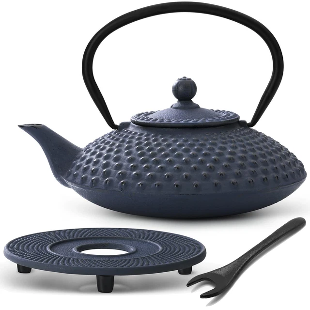 blaue Asia Teekanne Set 1.2 Liter aus Gusseisen mit Untersetzer & Deckelheber