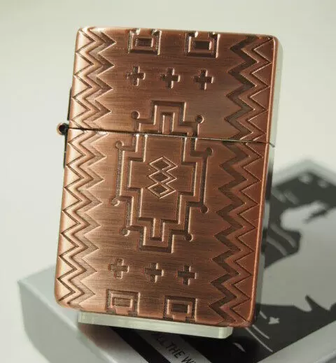 Zippo Oil Lighter Indian Native Copper Etching 1935 Replica Brass Japan