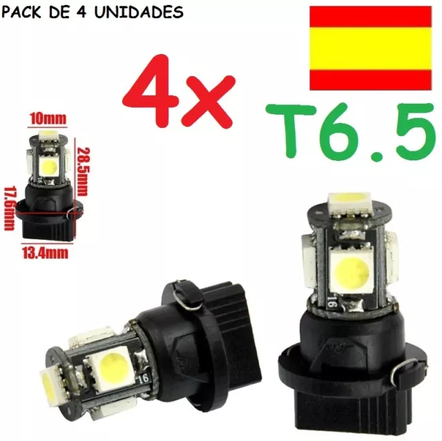 4x Bombilla T10 de 5 LED Integrada en casquillo T6.5 Coche luz tablero marcador