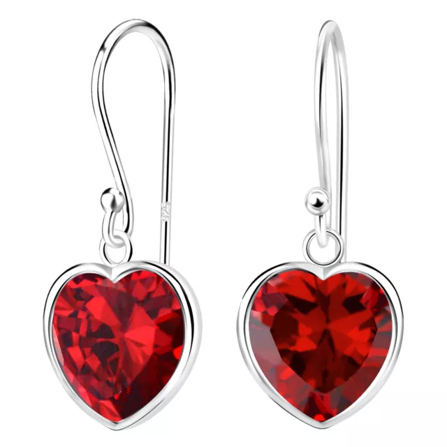 Sparkly Red CZ Heart 925 Sterling Silver Hook Earrings Garnet January Birthstone