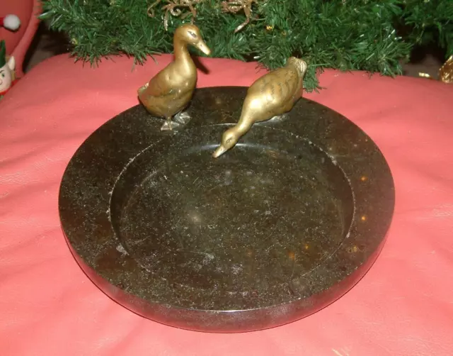 Original Desk Art Deco Spelter Metal Brass Ducks Geese Heavy Lump Of Marble Pond