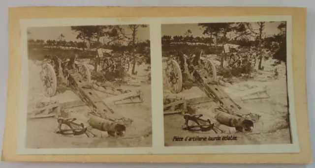 photo stereo militaire poilu 14-18 piece d'artillerie lourde eclatee