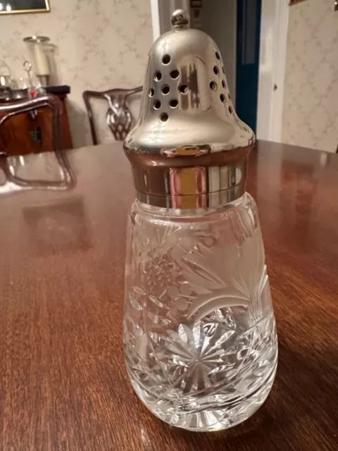 Cut Glass Sugar Shaker with silverplated top