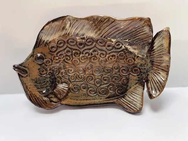 Signed Fish Trinket Dish Stoneware handmade 5 X 8.5”
