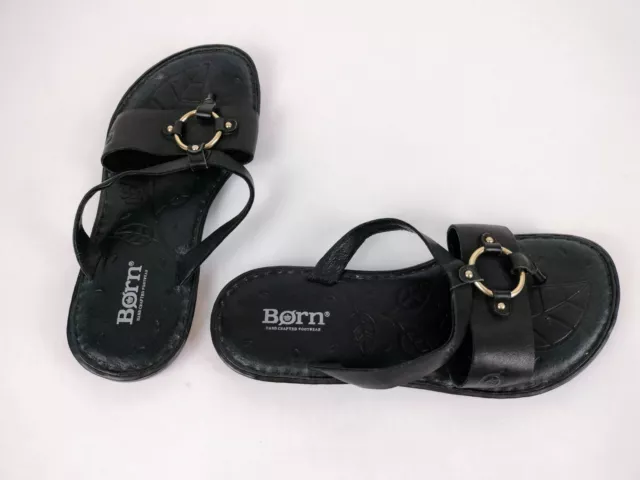 Born Womens Black Strappy Leather Flip Flop Thong Sandals D68303 Size 6M