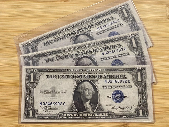 (3) 1935 A $1 Silver Certificates CONSECUTIVE Crisp Blue Seal Bank Note Currency