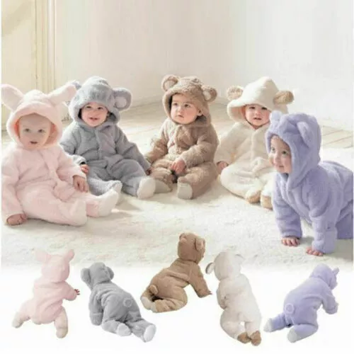 Winter Infant Baby Fluffy Fur Hooded Teddy Bear Jumpsuits Kid Warmer Clothes UK