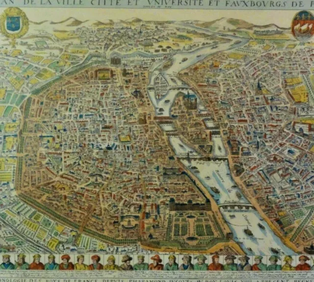 ANTIKE LANDKARTE KOLOR- Lithographie des " PLAN DE LA VILLE CITTE DE PARIS 1698"