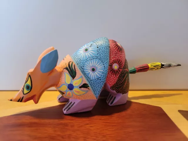 Oaxacan Folk Art Carved & Painted Wood Armadillo Figure Sculpture