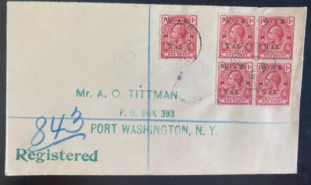 1920 Turks & Caicos Island Reg Cover To Port Washington NY USA War Tax Stamp 5