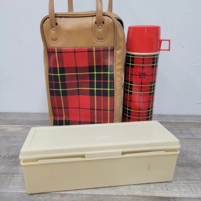 King Seeley Bag Picnic Thermos & Sandwich Box Scotch Plaid Outing Vintage