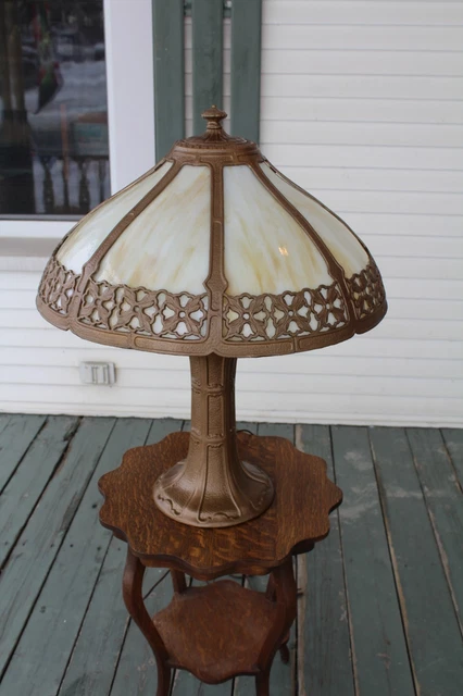 Large Antique Slag Glass Shade Table Lamp Arts And Crafts Mission Style Gothic