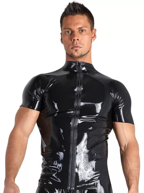 Late X Black Men's Sexy Fitted Natural Latex T Shirt Maglietta con ZIP Lattice 2