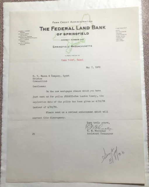 1936 Letterhead The Federal Land Bank Of Springfield, Massachusetts