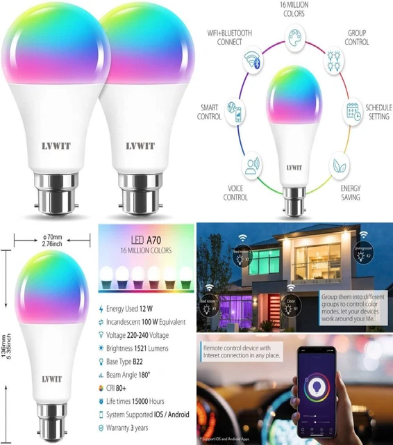 LVWIT 12W Smart Bulb B22, A70 Life Bulb,100 Watt 2 Count (Pack of 1)