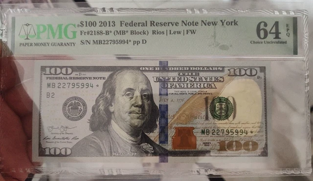 Fr# 2188-B* 2013 Federal Reserve Note $100 Hundred Star Note PMG 64EPQ New York