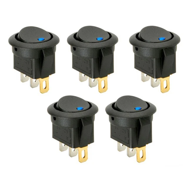 5pcs LED Illuminated Round Rocker Switch Audio ON/OFF 12v Blue 3 Pin