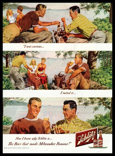 1948 Schlitz Beer Bucket Of Bottles Couple's Picnic By The Lake Vintage Print Ad