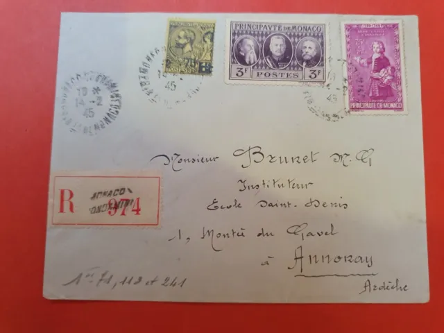 Monaco - Enveloppe en recommandé pour Annonay en 1945 - D 288
