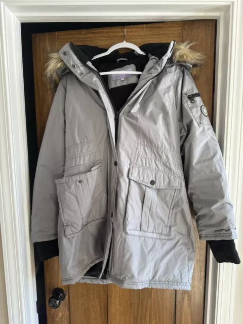 Madden Girl Winter Jacket Coat Parkas Puffer Faux Fur Hood Light Grey Size Large