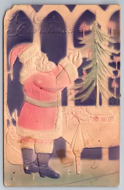 Vintage Postcard Christmas Santa Claus Red Robe Embossed Tree Merry Christmas