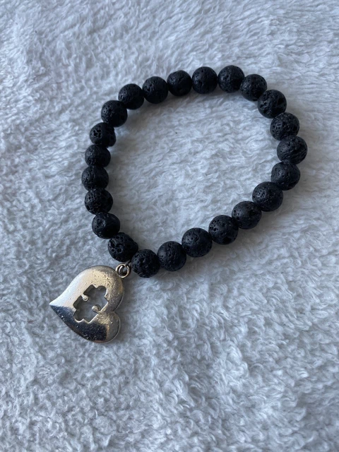 AUTISM AWARENESS Unisex Black Lava Stretch Bracelet Heart Puzzle Charm