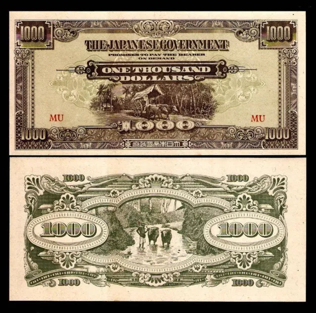 MALAYA 1000 DOLLARS M-10 1945 x 2 Diff Paper & Print RARE Set UNC JIM JAPAN NOTE 3