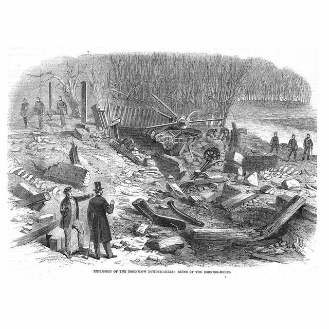 LONDON Scene after the Explosion at The Hounslow Powder Mills-Antique Print 1859