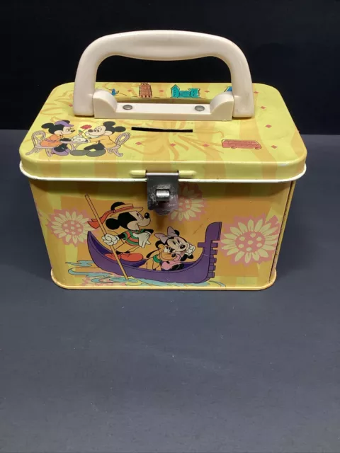 Flomo Disney Mickey & Friends Tin Bank w/ Lock Key Mickey Minnie Trip To Paris