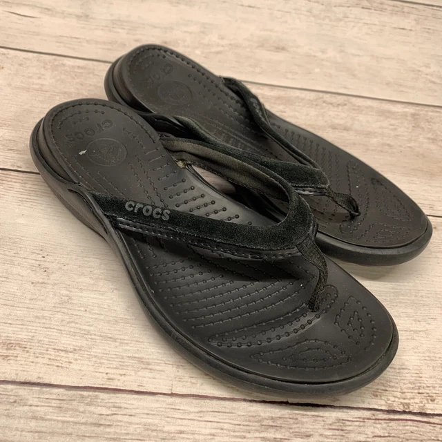 Crocs Sandals Womens 7 Thong Flip Flop Black Suede Flats Comfort Slip On Casual