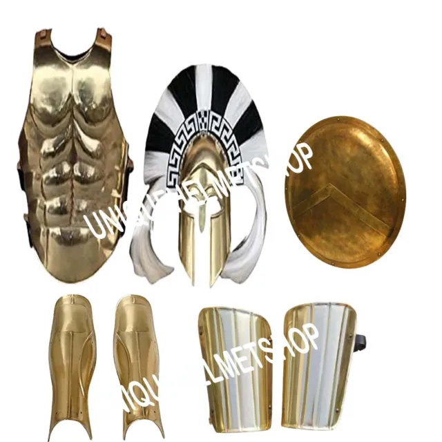 Medieval Brass Muscle Jacket Greek Helmet ,Arm & Leg Guard ,Shield For Halloween