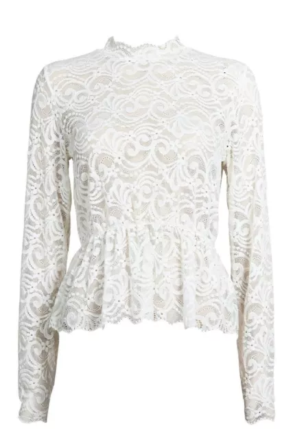 Bik Bok Ivory White Lace Blouse High Neck Stretch Lace Peplum Top Long Sleeve