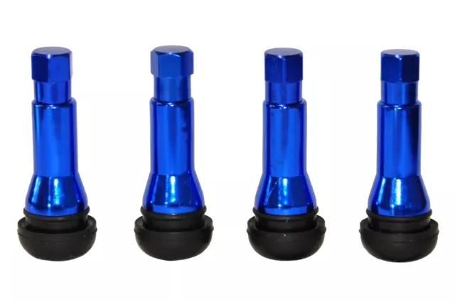 4 x BLUE TR414 METAL SLEEVED TUBELESS RUBBER TYRE VALVES WITH DUST CAPS