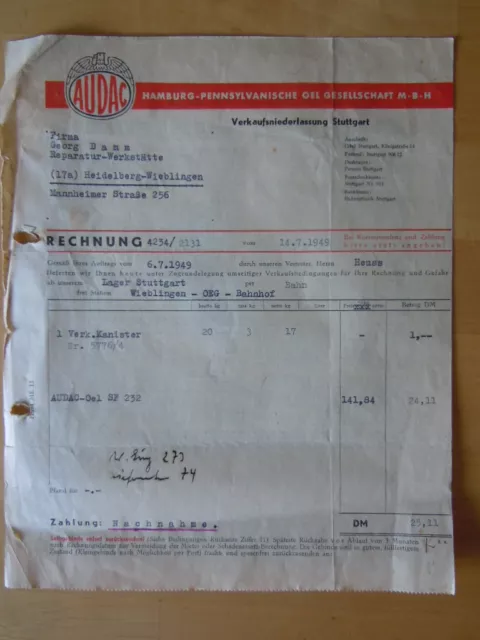 AUDAC ÖL Gesellschaft 1949 Rechnung ÖL  SF 232