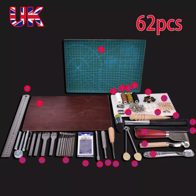 62PCS Leather Craft Tools Stitching Carving Sewing Working Saddle Cutting Kit.DC