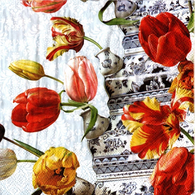 Serviettes en papier fleurs tulipes peinture R. Reisinger.Napkins tulips flowers