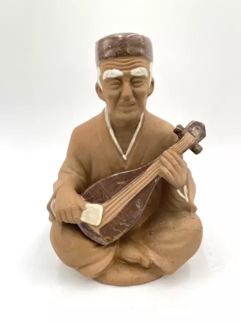 Vtg Japanese Old Man HAKATA URASAKI Clay Figurine Biwa Mandolin Oriental core