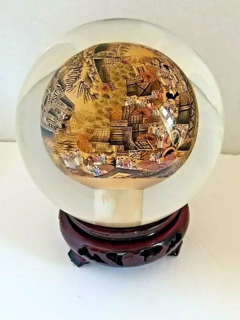 Chinese Reverse Painted Glass Paperweight/Globe with Wooden Stand