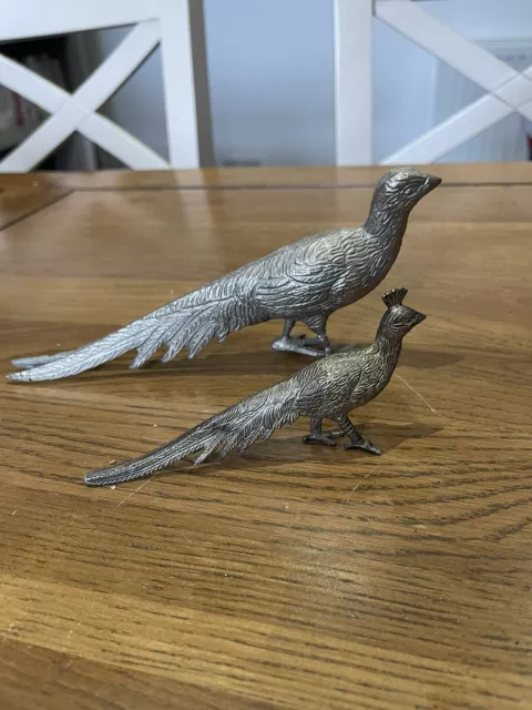 Vintage Peacock Pheasant Menu Holders Pair Cast Metal Ornaments Figurines