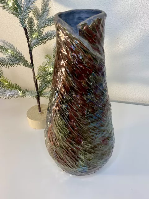 Raku-fired Pottery Vase Iridescent Multicolored Earth Tones Irregular Surface