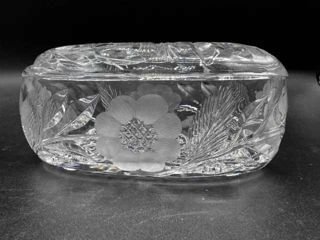 American Brilliant Cut Glass-Covered Oval Box-Engraved Floral Motif-Cane Base