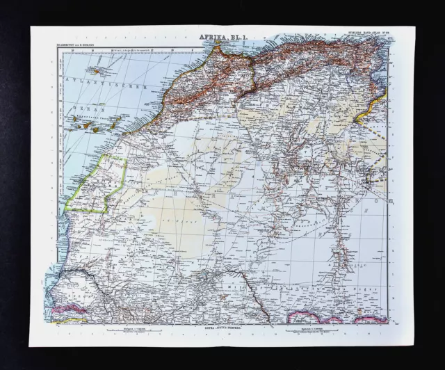 1911 Stieler Map NW Africa Morocco Algeria Sahara Desert Senegal Tunisia Atlas